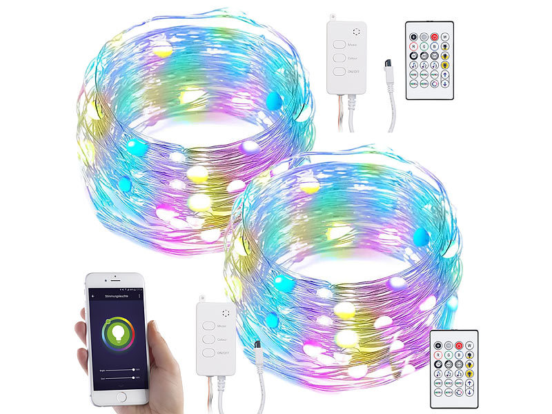 2er RGB-LED-Lichterdraht mit Musik-Steueurung, WLAN und App, USB, 10 m