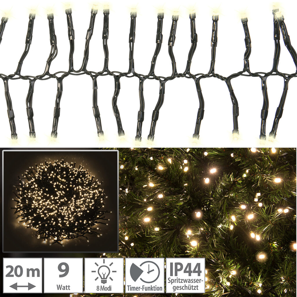LED-Büschel-Lichterkette, 2000 warmweisse LEDs, 8 Leuchtmodi, 20m, IP44