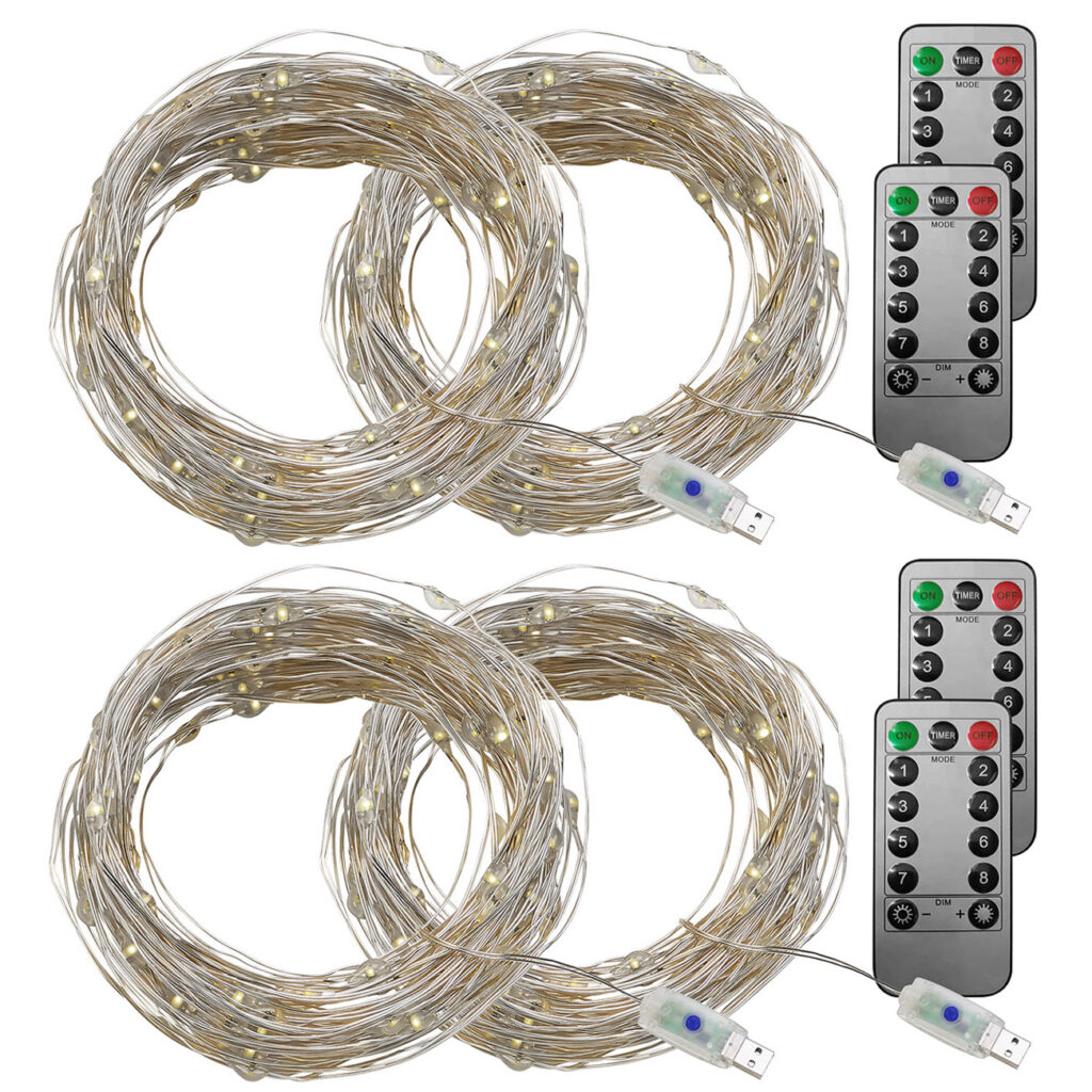 4er-Set USB-LED-Lichterdraht, 100 LEDs, 8 Modi, 10 m, tageslichtweiss
