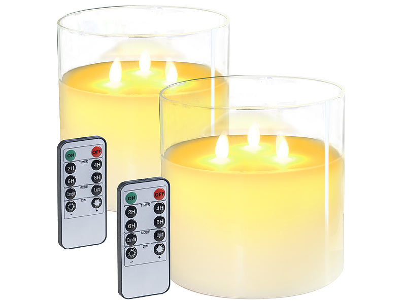 2er-Set LED-Echtwachs-Kerze im Windglas mit 3 beweglichen Flammen, Fernbedienung