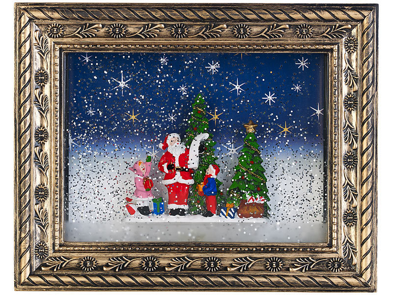 Weihnachts-Bilderrahmen „Bescherung“ mit LEDs, Schneewirbel und Musik