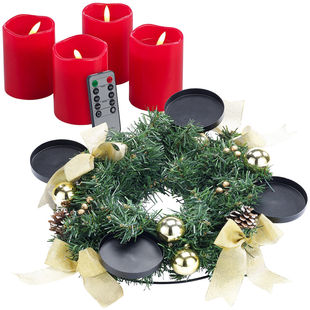 Adventskranz mit goldfarbenem Schmuck, inkl. LED-Kerzen in rot
