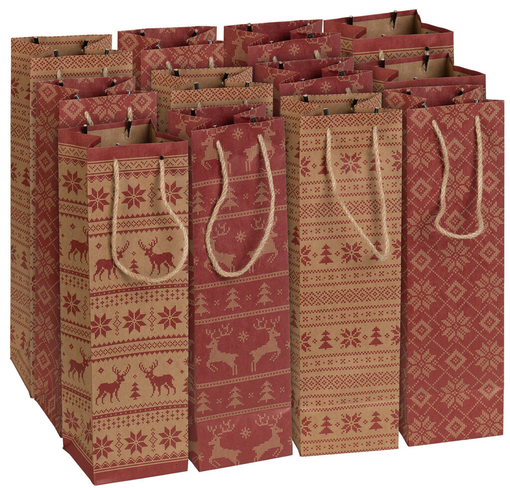 12er-Set weihnachtliche Kraftpapier-Geschenktüten für Weinflaschen