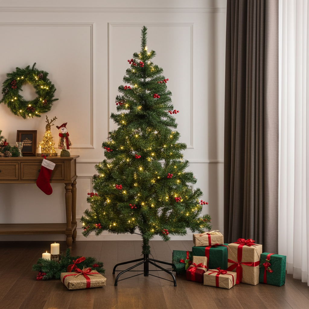 Weihnachtsbaum mit roten Beeren, 180 cm, 364 Zweige, 240 LEDs