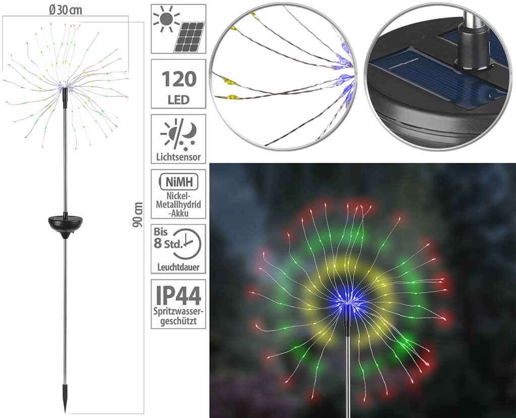 Garten-Solar-Lichtdeko mit Feuerwerk-Effekt, 120 bunte LEDs, IP44