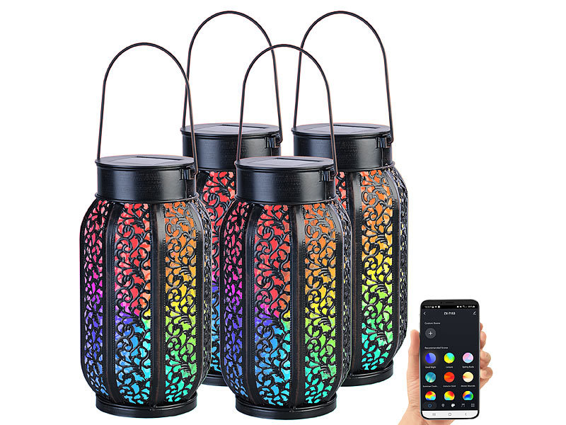 4er-Set Smarte Solar-Laterne aus Metall mit RGB-CCT-LEDs, App